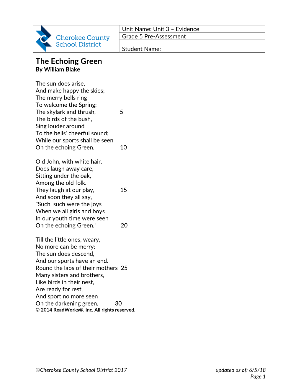 The Echoing Green by William Blake