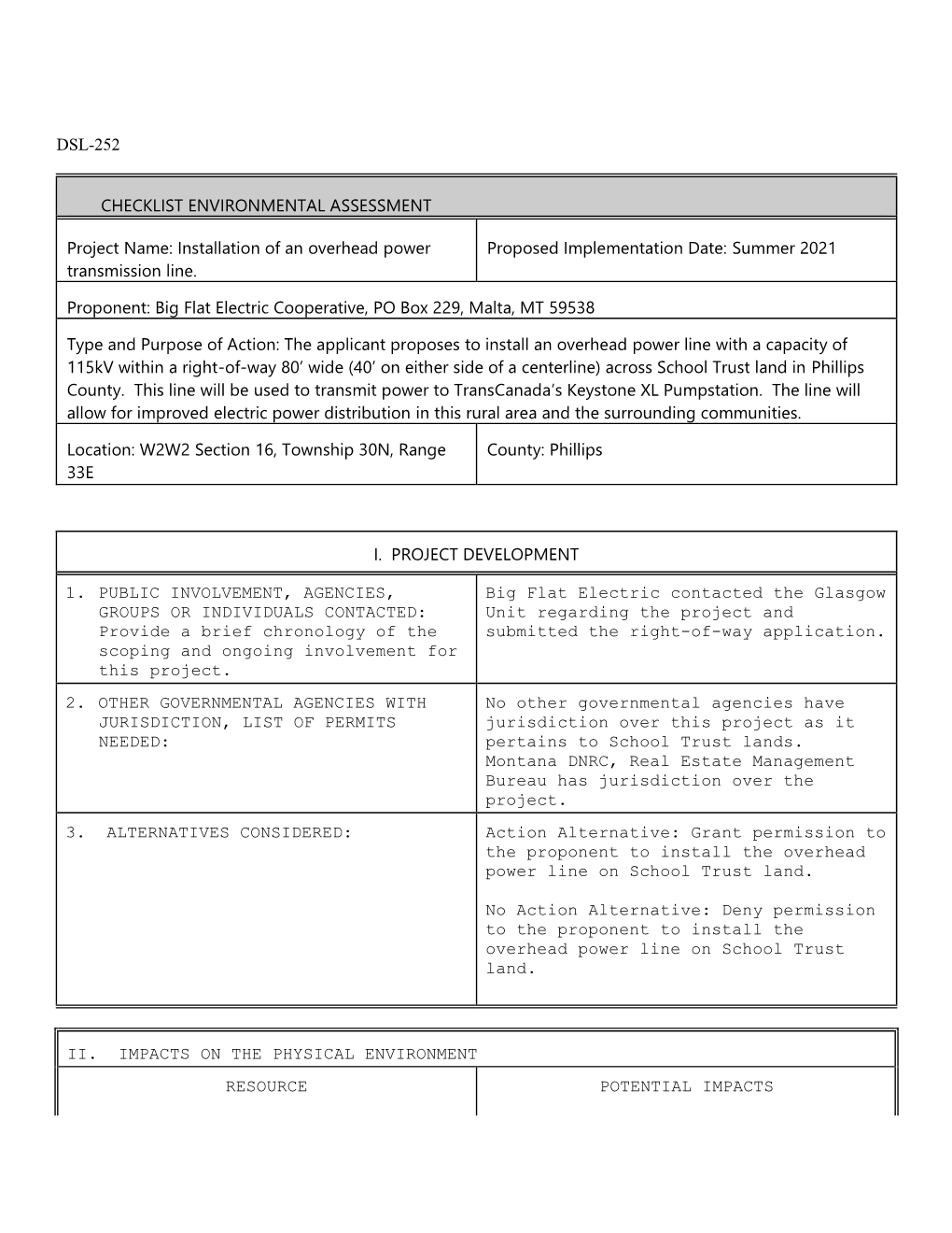 Dsl-252 Checklist Environmental Assessment