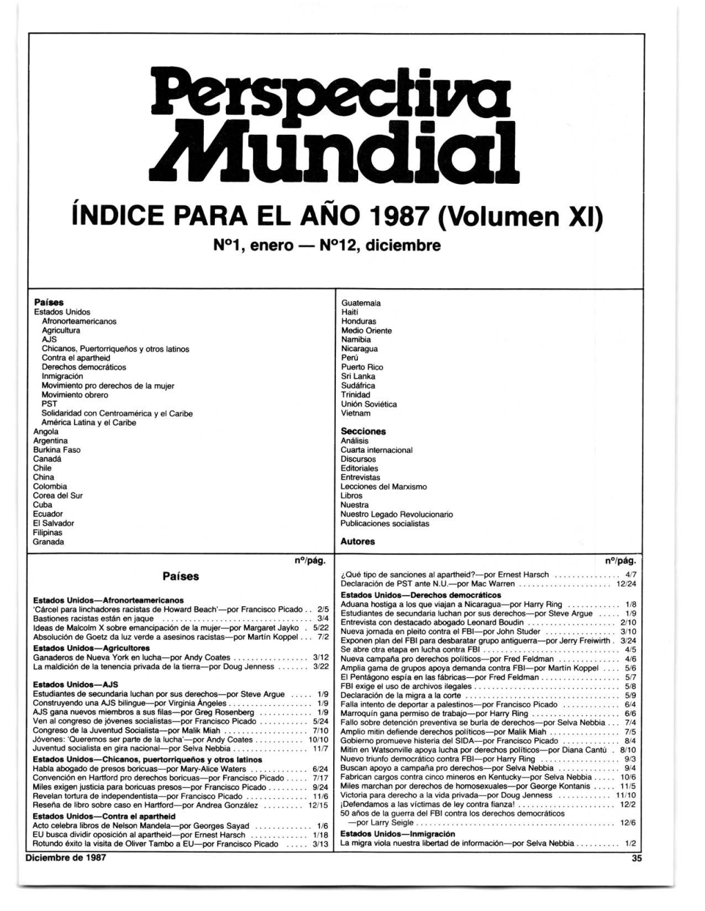 Alundiol INDICE PARA EL ANO 1987(Volumen Xf) N°1, Enero — N®12, Diciembre