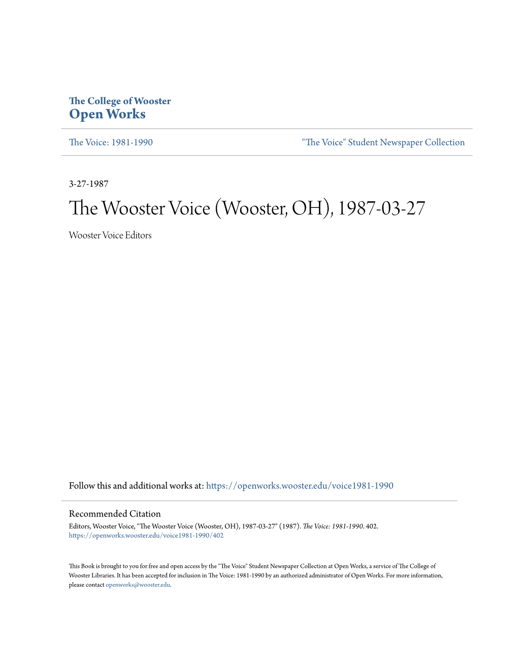 THE WOOSTER VOICE MARCH 27, 1987 NUMBER 22 the of Th