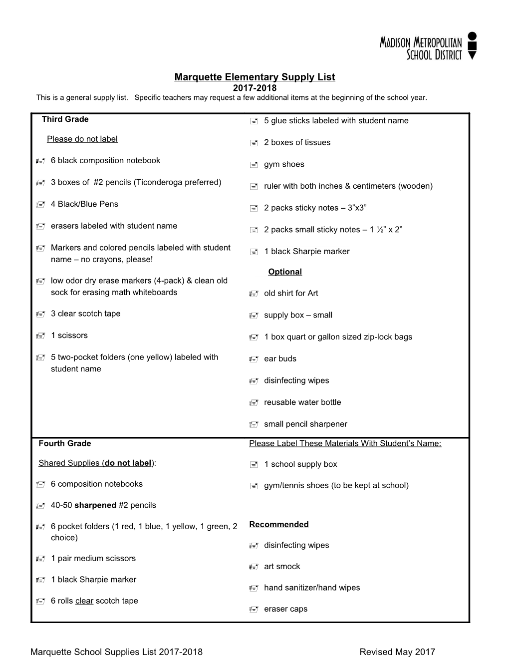 Marquette Elementary Supply List 2017-2018