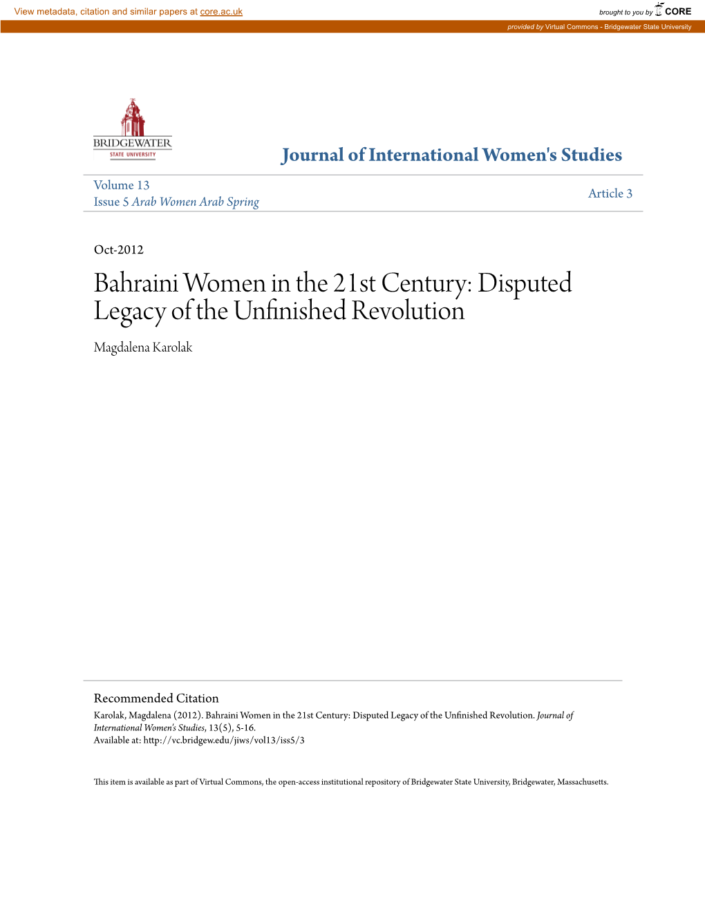 Bahraini Women in the 21St Century: Disputed Legacy of the Unfinished Revolution Magdalena Karolak
