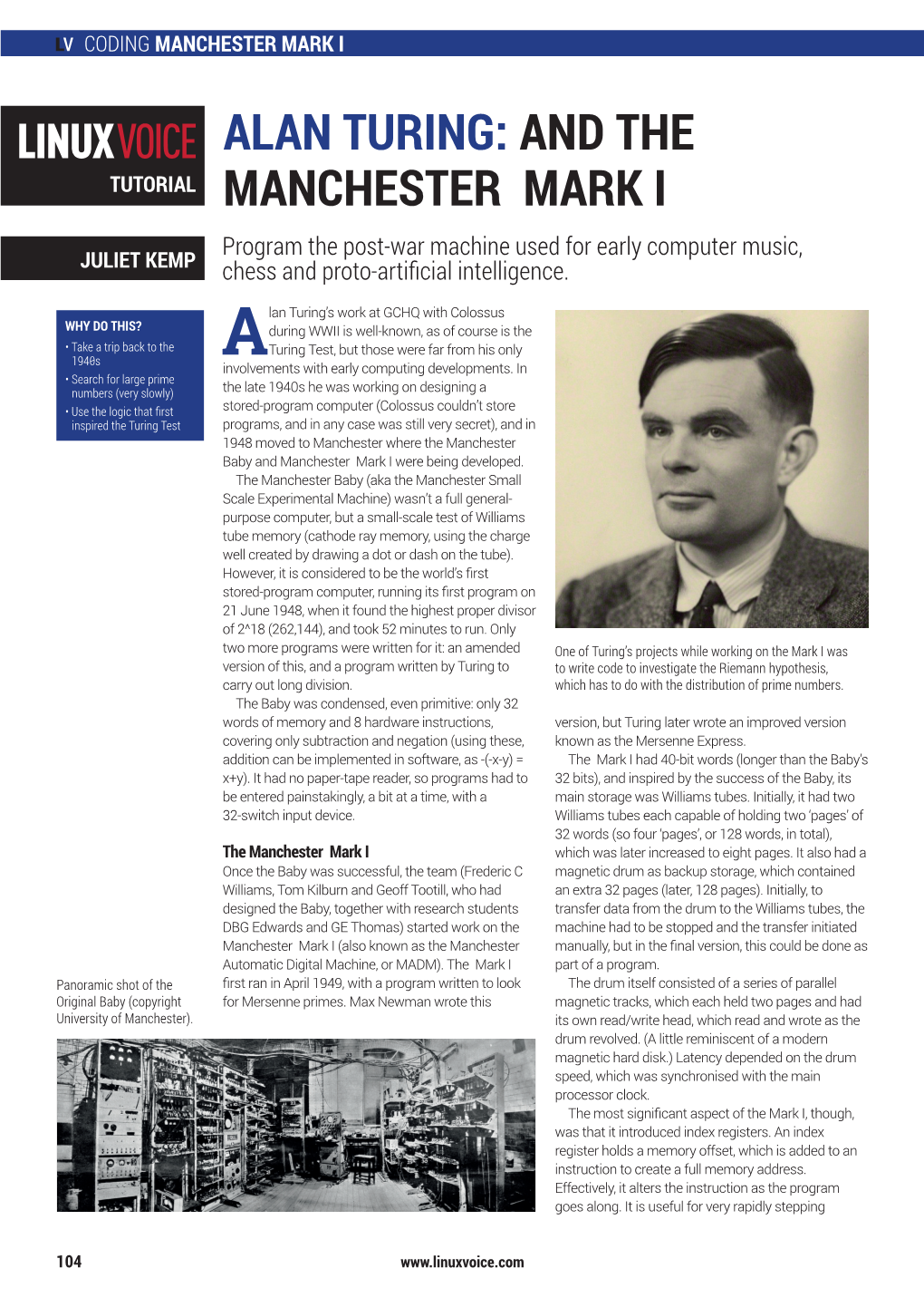ALAN TURING: and the TUTORIAL MANCHESTER MARK I Program the Post-War Machine Used for Early Computer Music, JULIET KEMP Chess and Proto-Artificial Intelligence