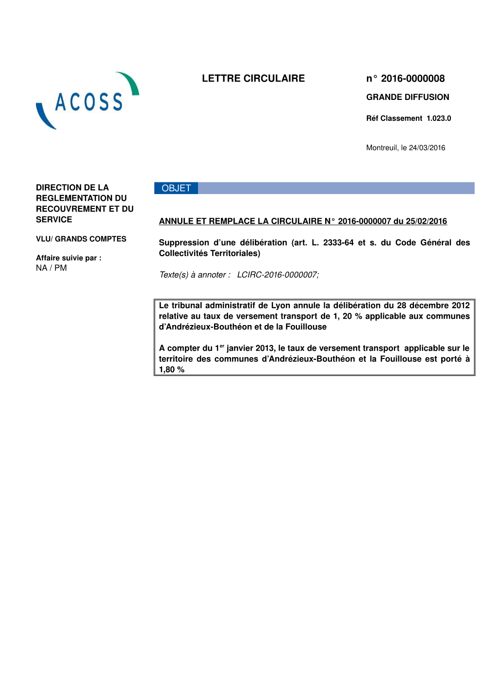 LETTRE CIRCULAIRE N° 20160000008