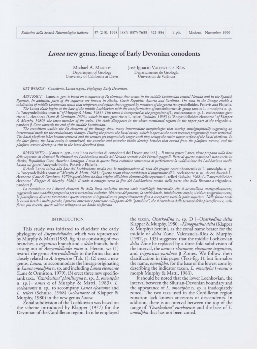 Lanea New Genus, Lineage Ofearly Devonian Conodonts