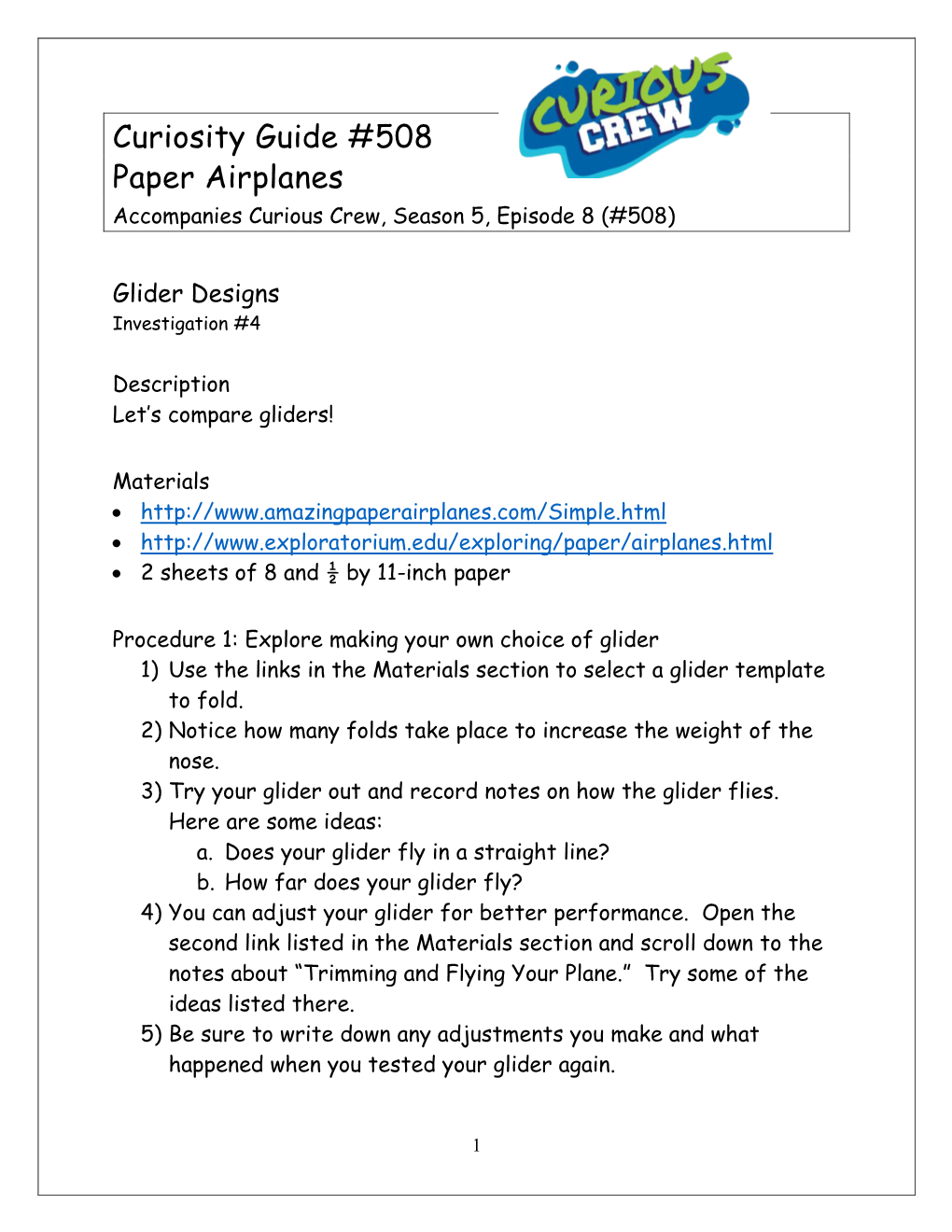 Curiosity Guide #508 Paper Airplanes