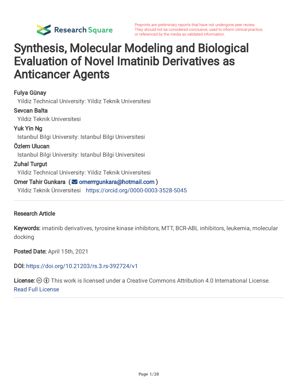 Synthesis, Molecular Modeling and Biological Evaluation of Novel Imatinib Derivatives As Anticancer Agents