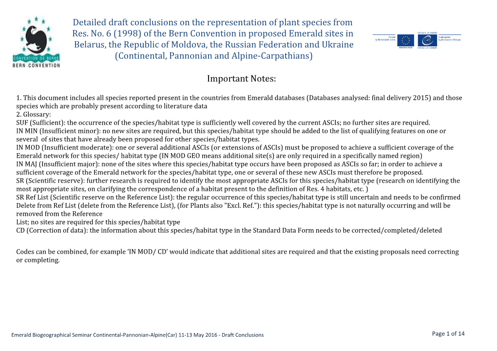 Detailed Draft Conclusions on the Representation of Plant Species from Res
