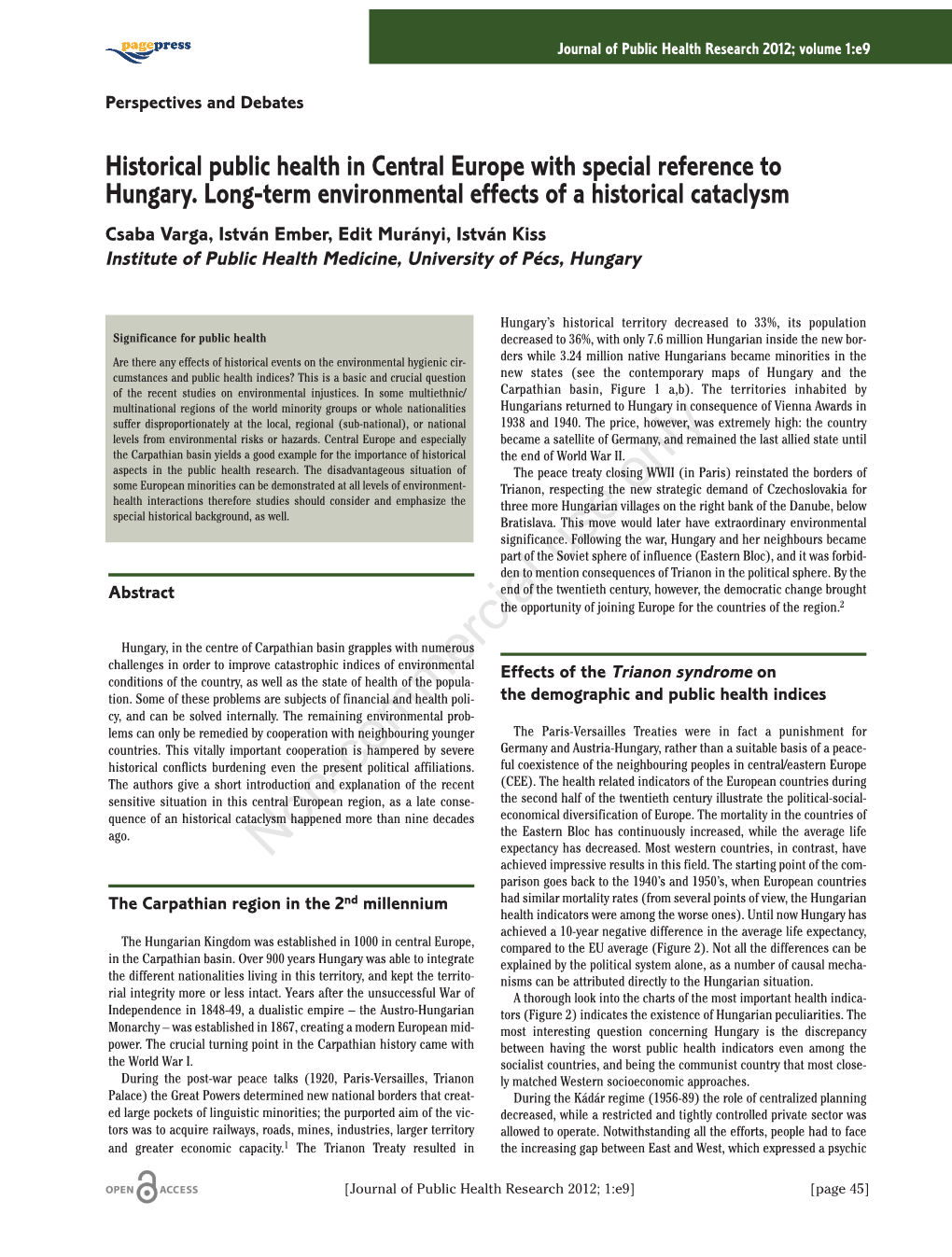 Historical Public Health in Central Europe with Special Reference to Hungary