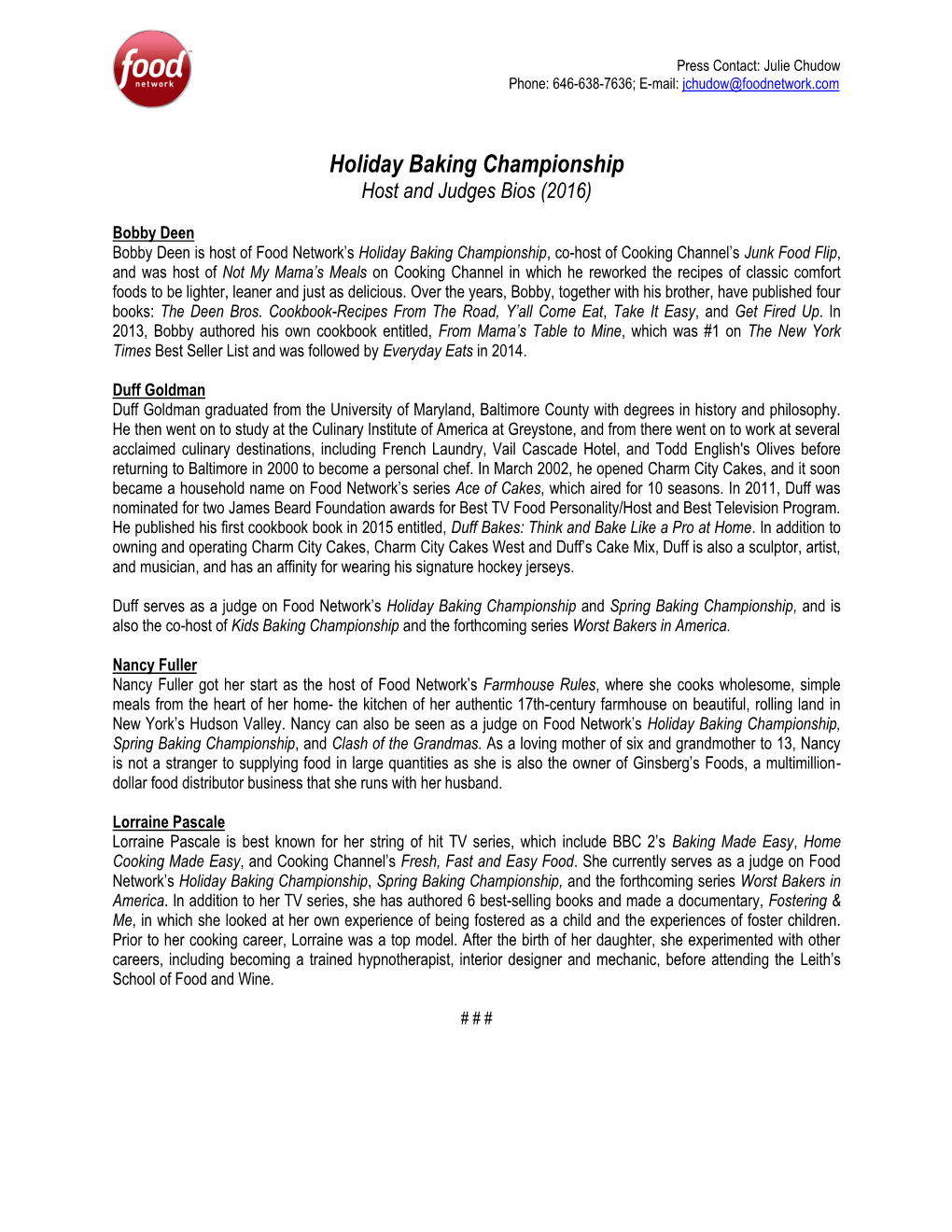 Holiday Baking Championship Host and Judges Bios (2016)