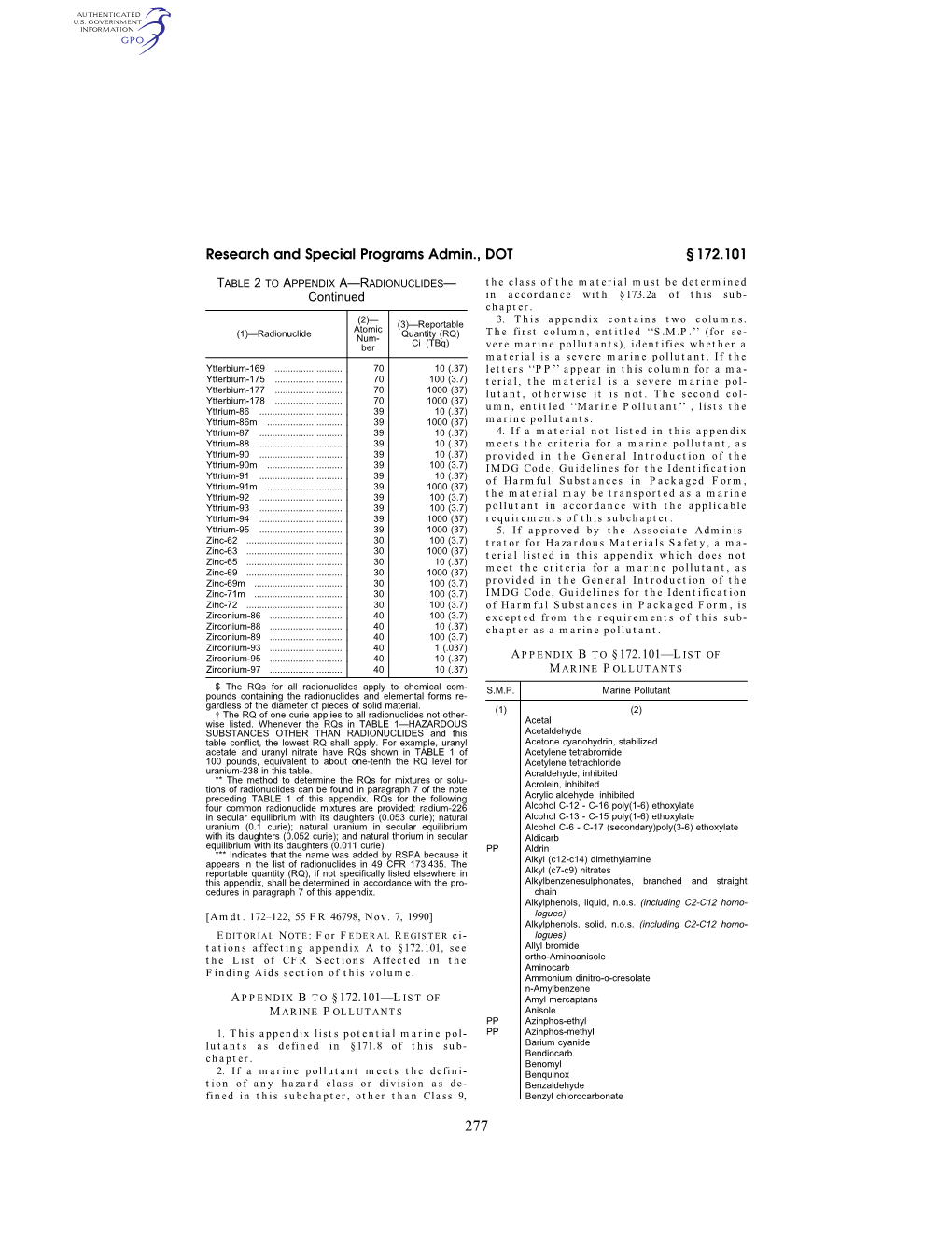 Research and Special Programs Admin., DOT § 172.101