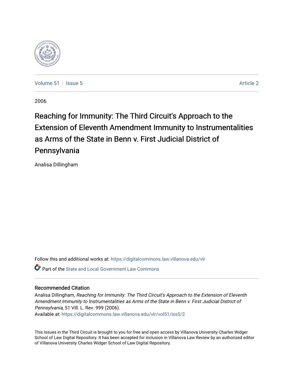 The Third Circuit's Approach to the Extension of Eleventh Amendment Immunity to Instrumentalities As Arms of the State in Benn V