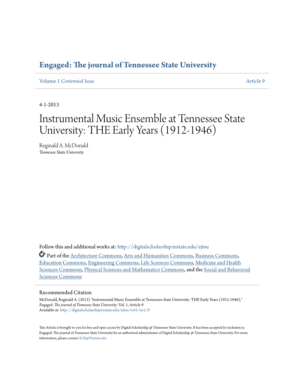 Instrumental Music Ensemble at Tennessee State University: the Early Years (1912-1946) Reginald A