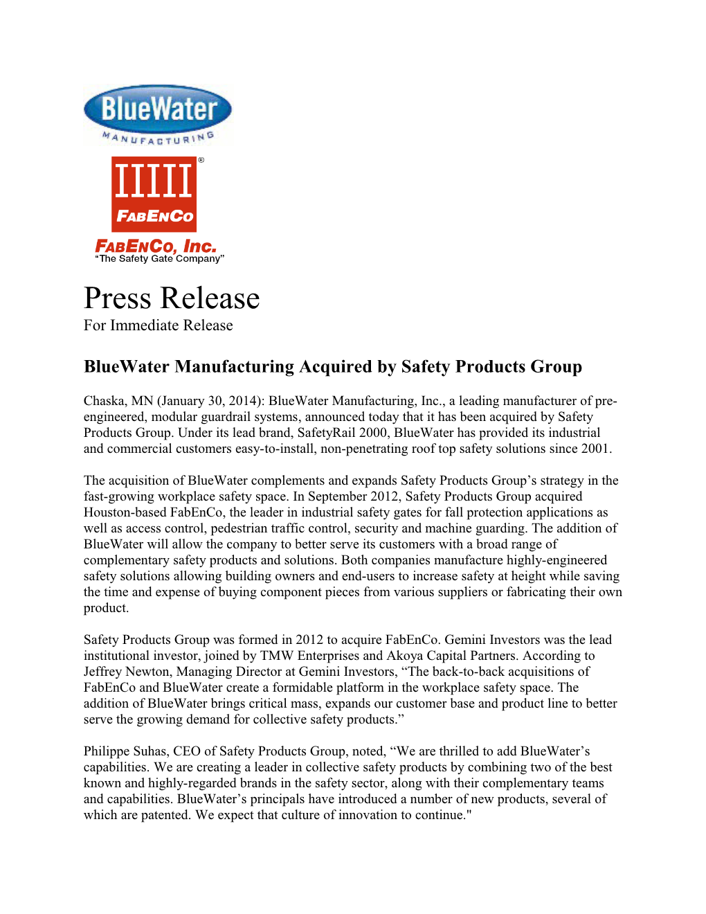 Bluewater Manufacturing Acquired by Safety Products Group