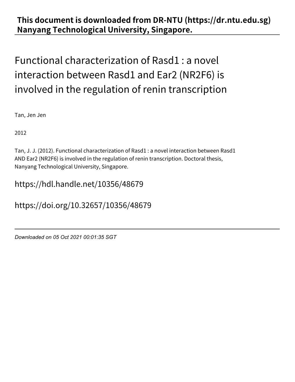 Functional Characterization of Rasd1 : a Novel Interaction Between Rasd1 and Ear2 (NR2F6) Is Involved in the Regulation of Renin Transcription