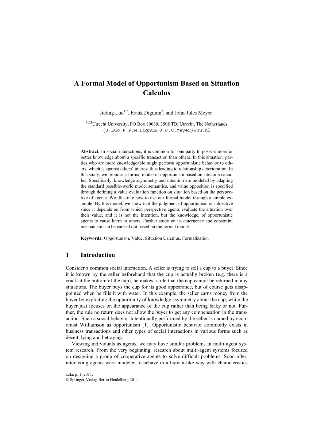 A Formal Model of Opportunism Based on Situation Calculus