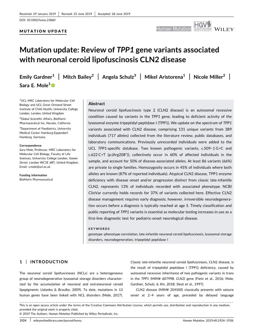 Mutation Update: Review of TPP1 Gene Variants Associated with Neuronal Ceroid Lipofuscinosis CLN2 Disease