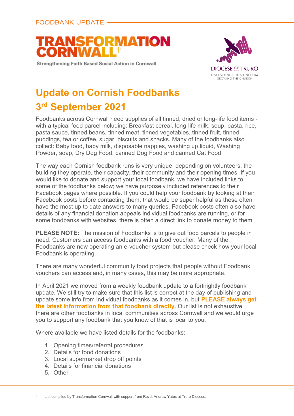 Update on Cornish Foodbanks 3Rd September 2021