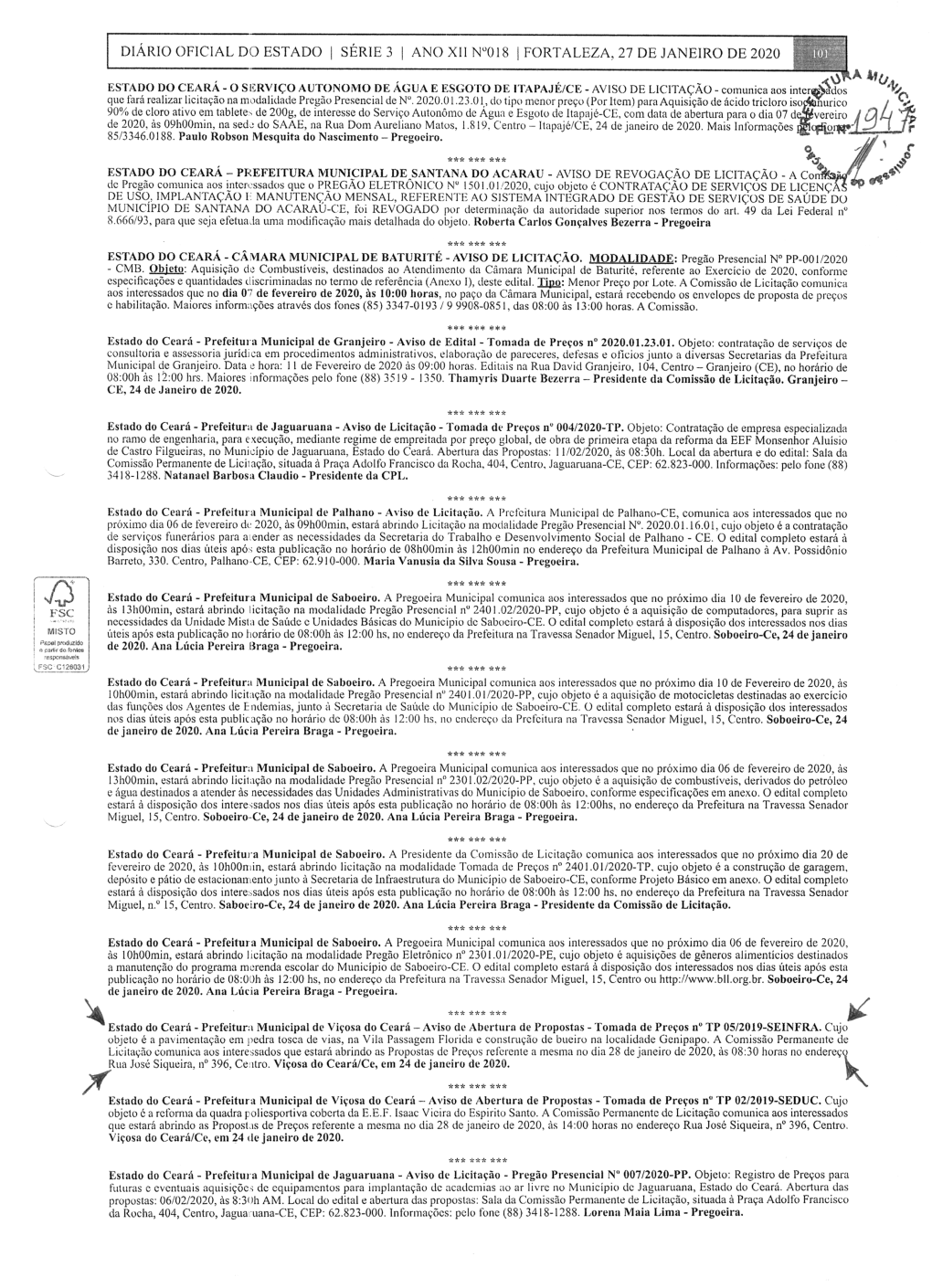 1 Diário Oficial Do Estado 1 Série 3 1 Ano Xii N°018 1 Fortaleza, 27 De Janeiro De 2020 ~