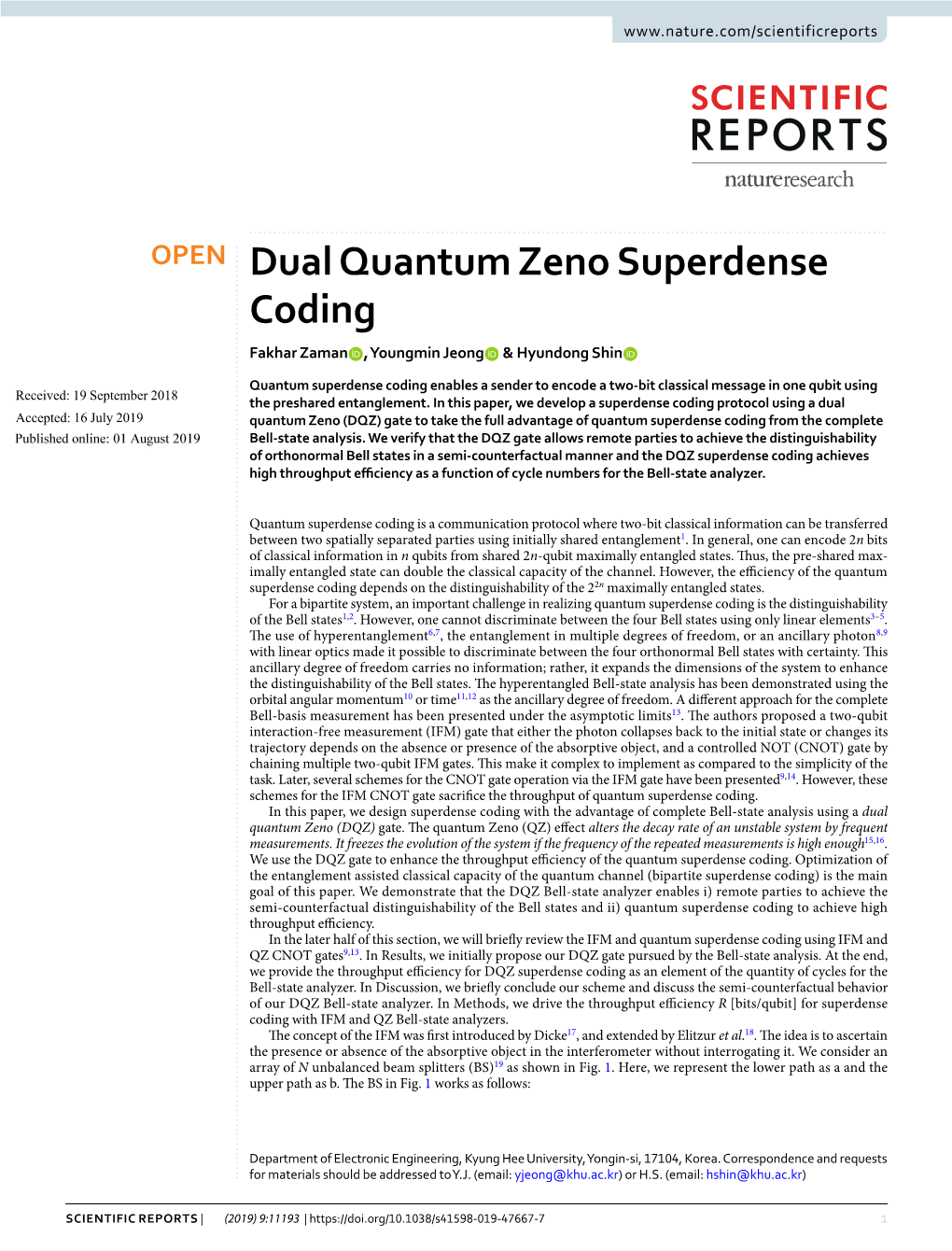 Dual Quantum Zeno Superdense Coding Fakhar Zaman , Youngmin Jeong & Hyundong Shin