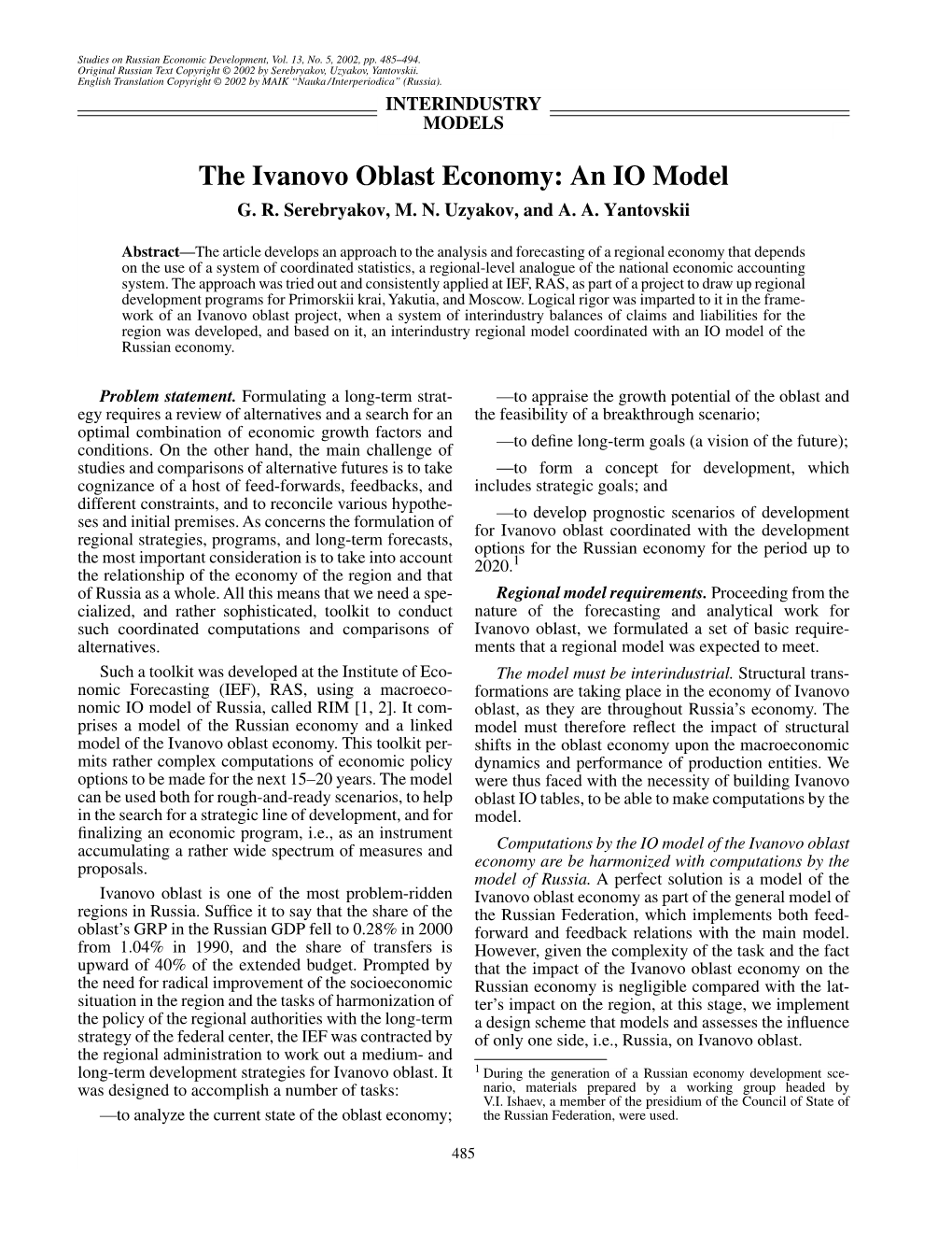 The Ivanovo Oblast Economy: an IO Model G