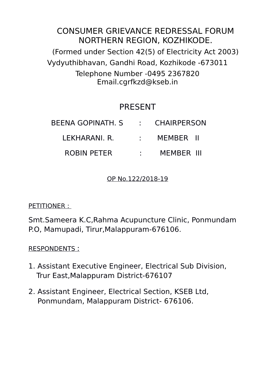 Consumer Grievance Redressal Forum Northern Region, Kozhikode