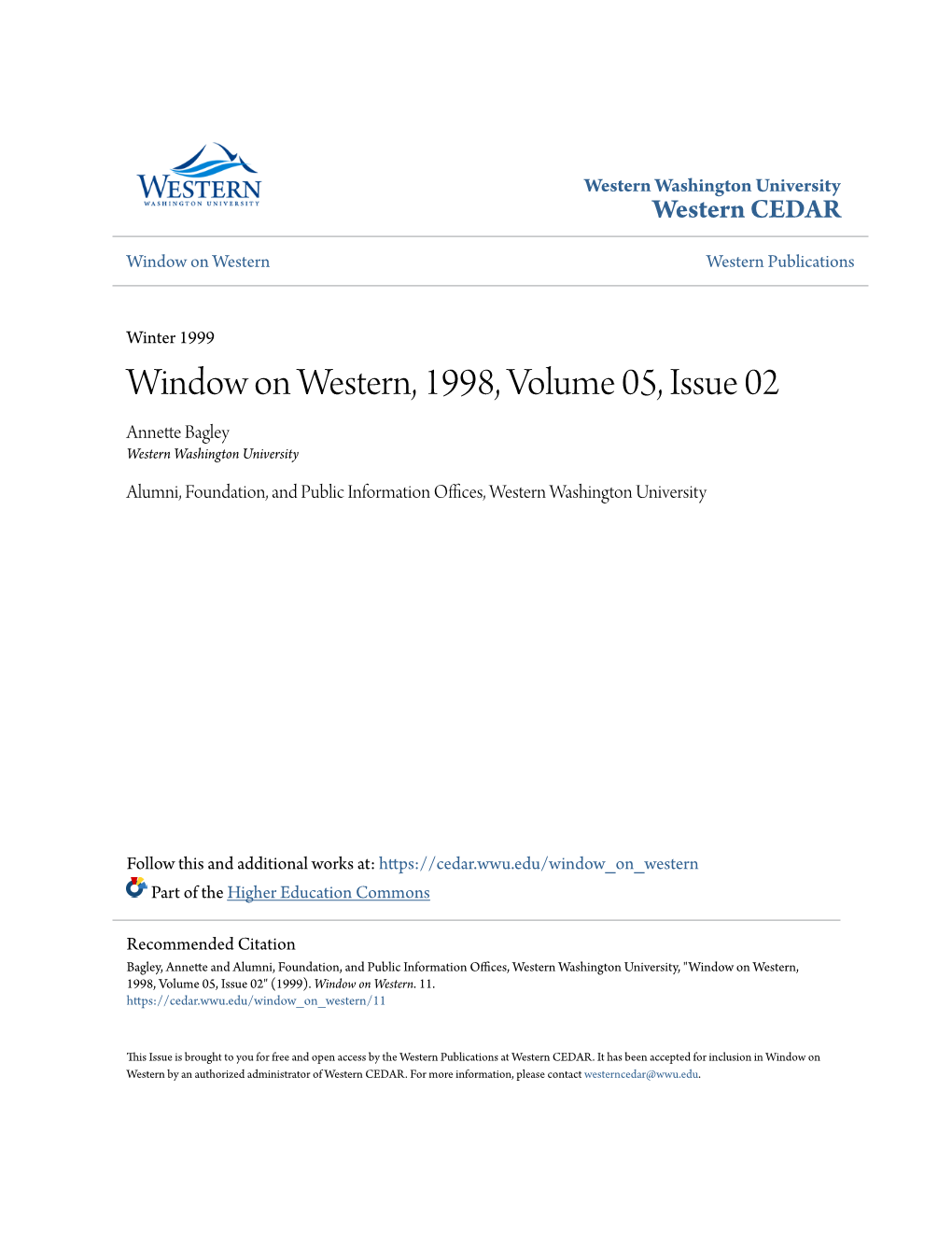 Window on Western, 1998, Volume 05, Issue 02 Annette Bagley Western Washington University