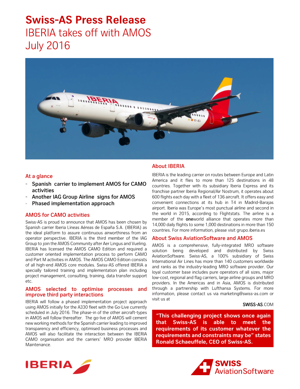 Swiss-AS Press Release IBERIA Takes Off with AMOS July 2016