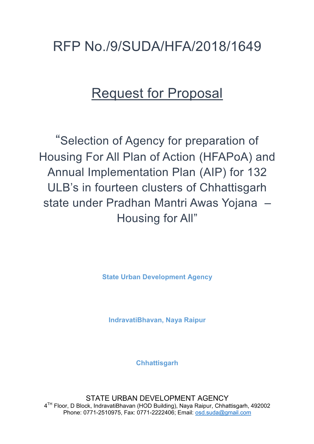 RFP No./9/SUDA/HFA/2018/1649 Request for Proposal