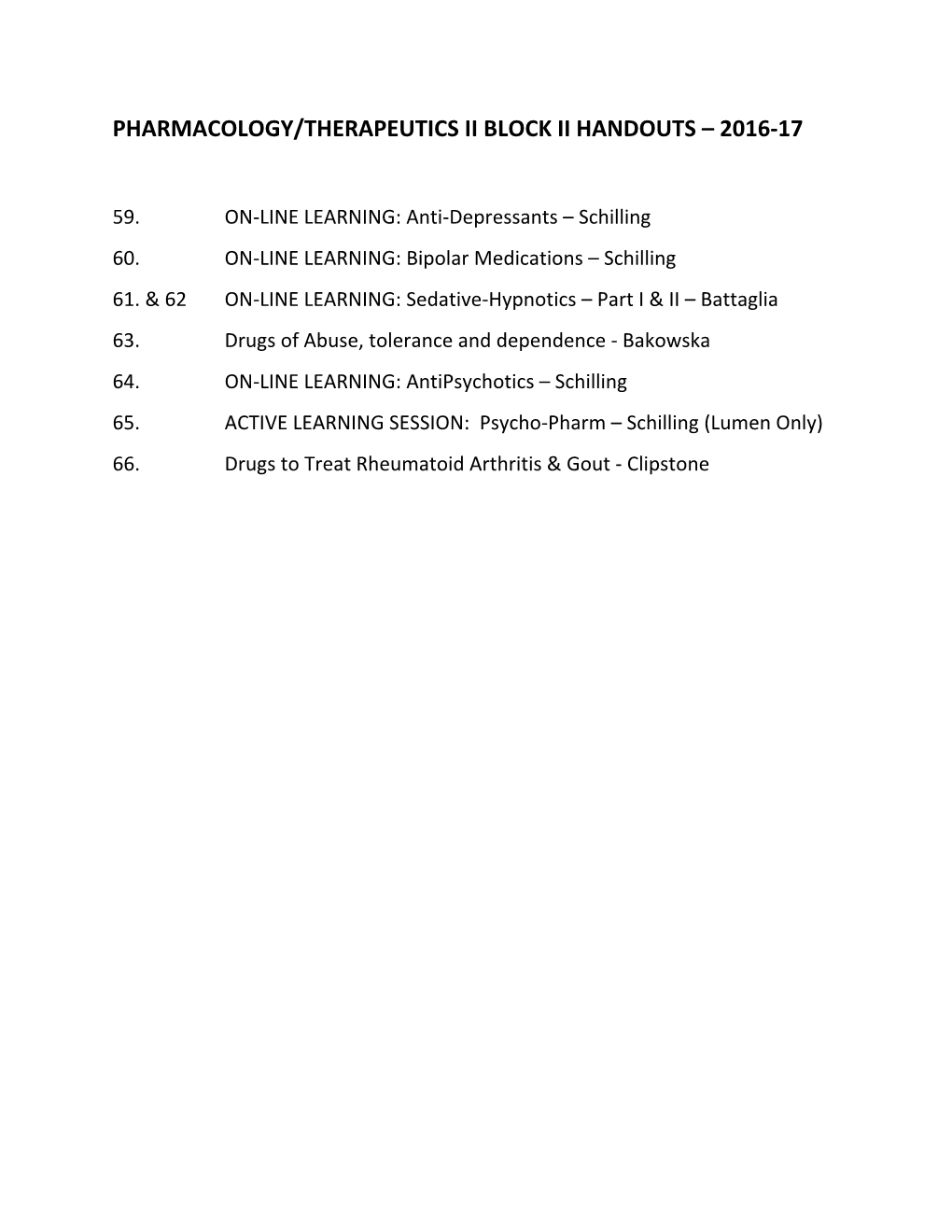 Pharmacology/Therapeutics Ii Block Ii Handouts – 2016-17