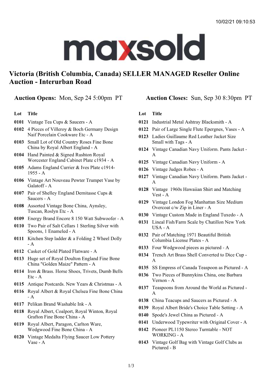 Victoria (British Columbia, Canada) SELLER MANAGED Reseller Online Auction - Interurban Road