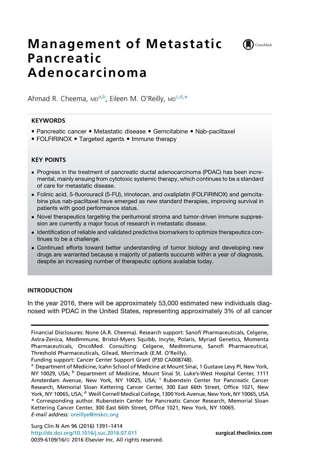 Management of Metastatic Pancreatic Adenocarcinoma