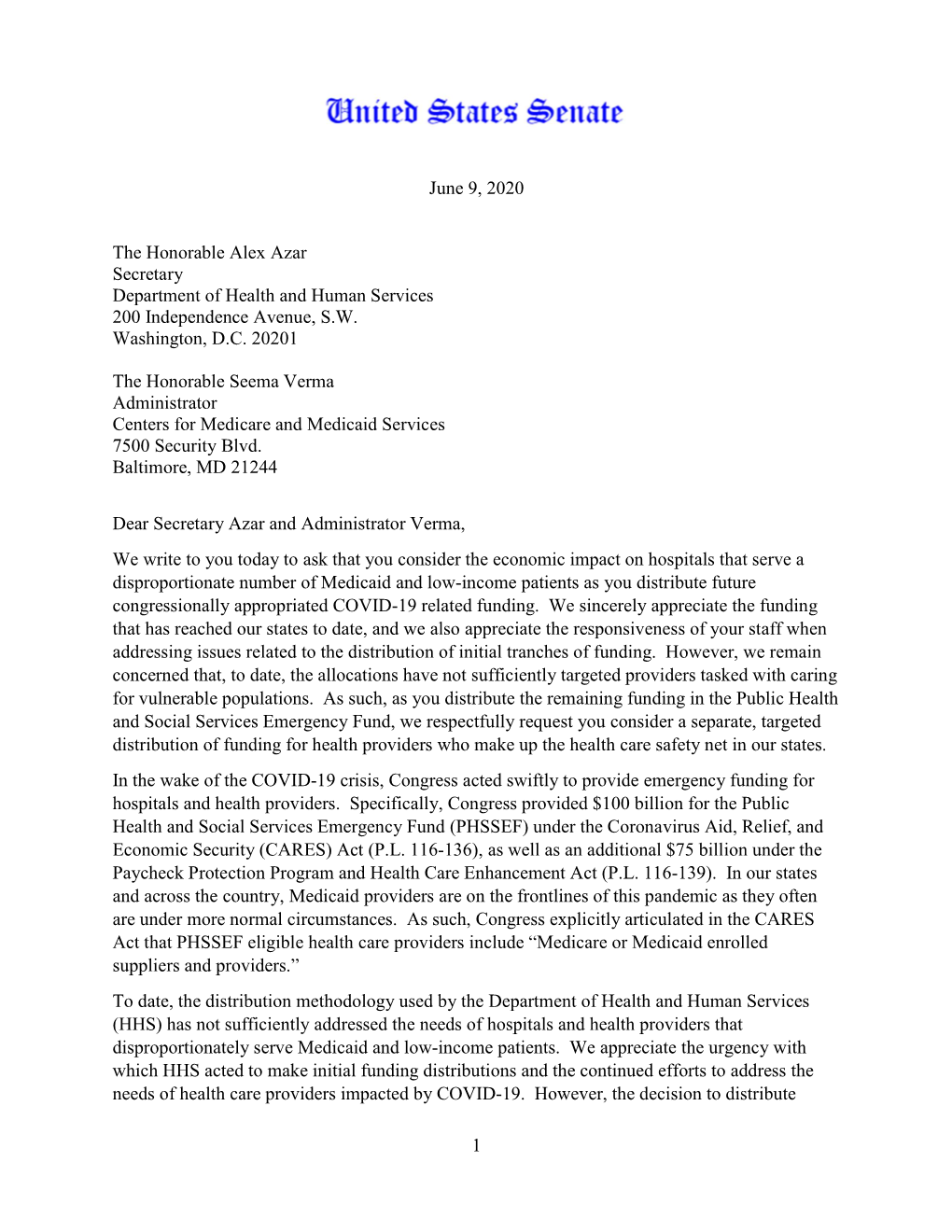 Letter to Medicaid Providers Letter to HHS CMS 6.8.20