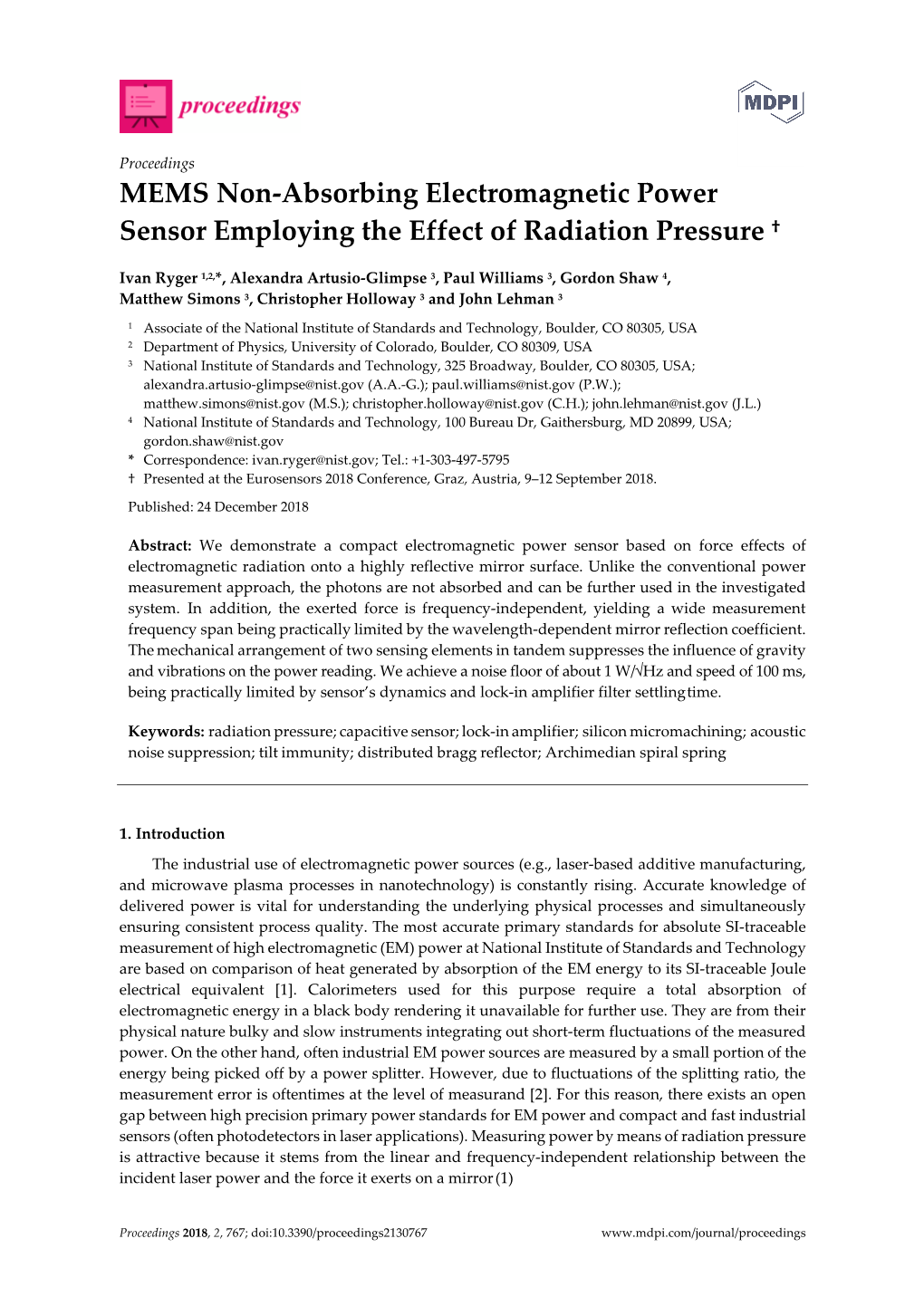 MEMS Non-Absorbing Electromagnetic Power Sensor Employing the Effect of Radiation Pressure †