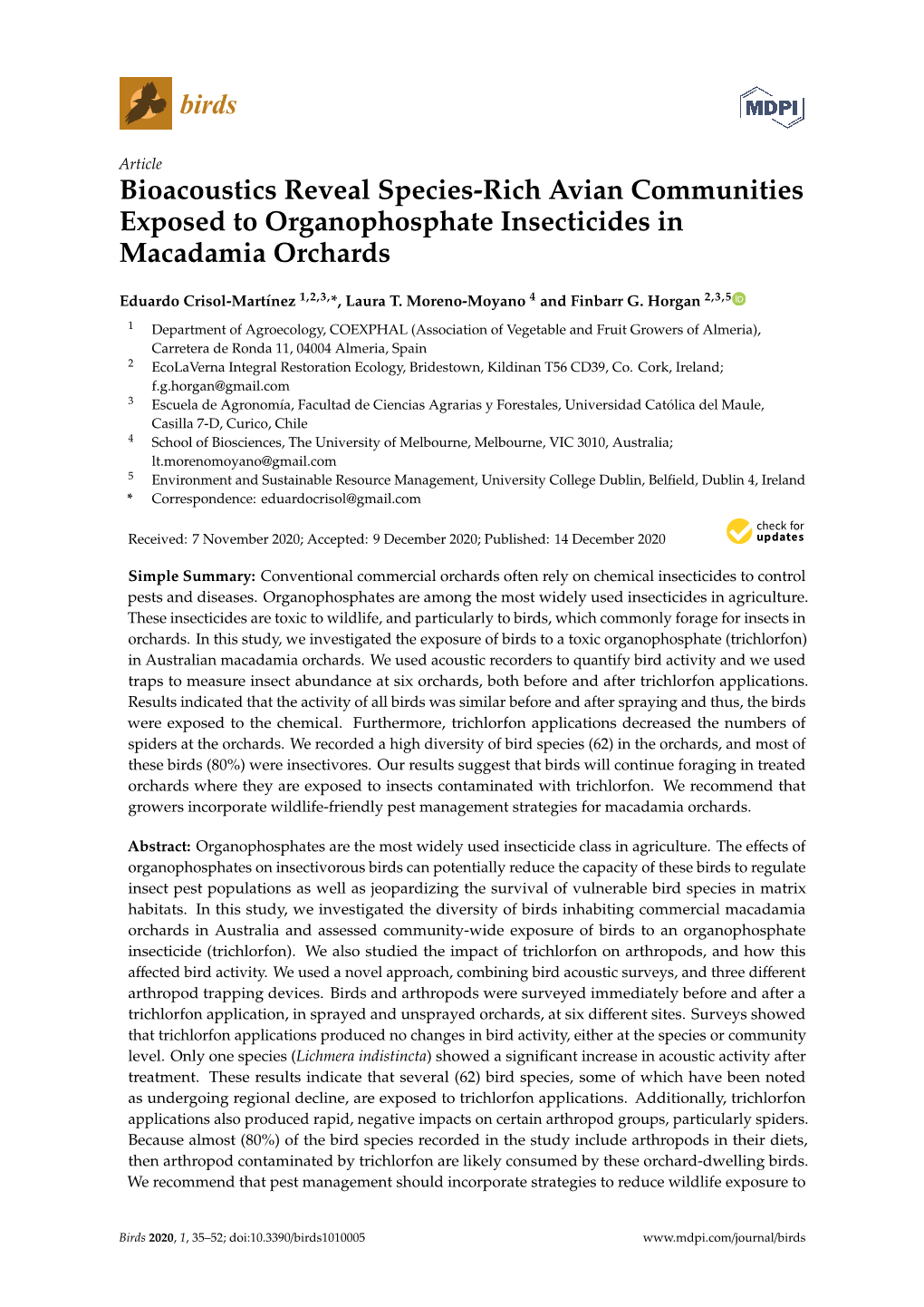 Bioacoustics Reveal Species-Rich Avian Communities Exposed to Organophosphate Insecticides in Macadamia Orchards