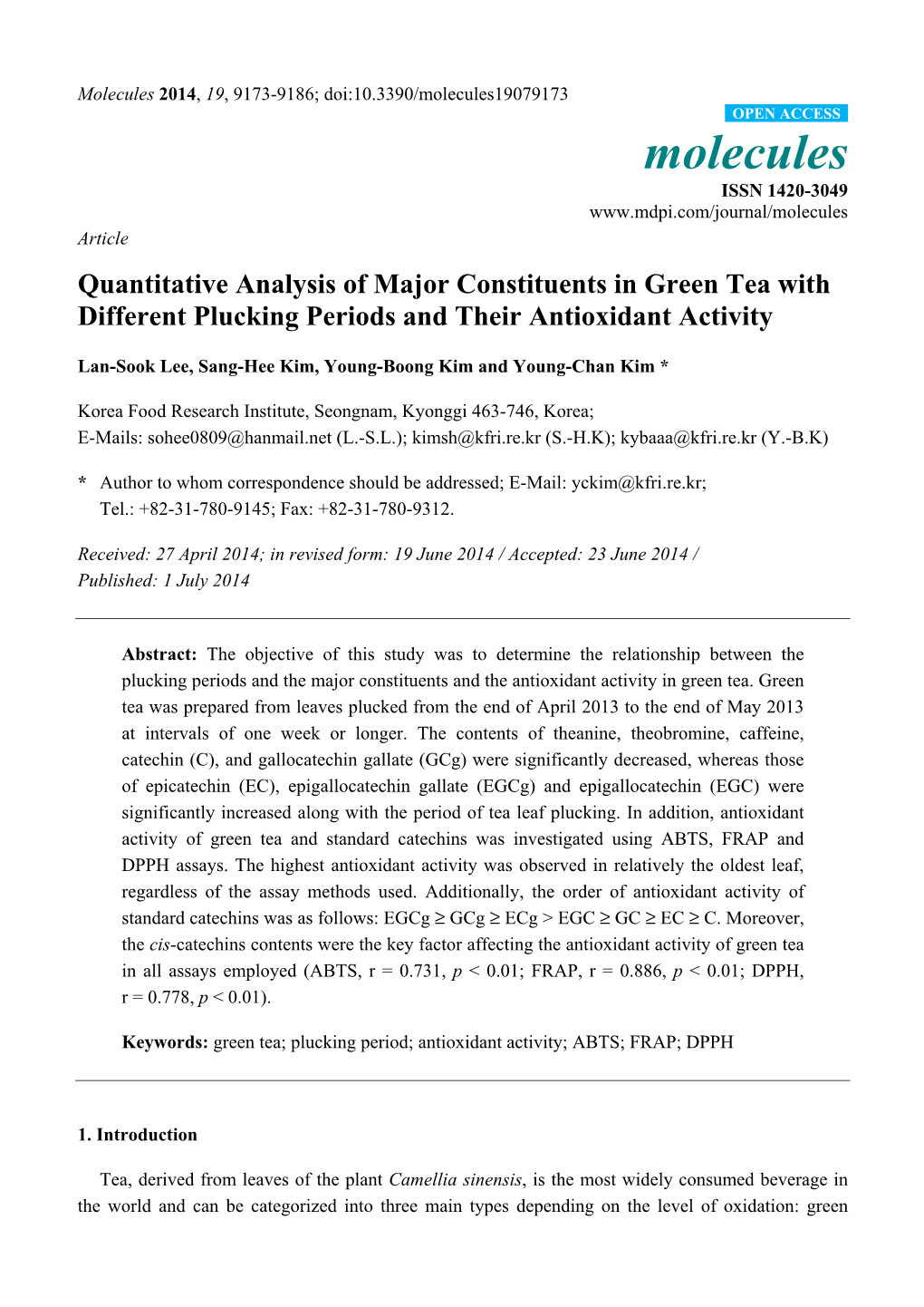 Quantitative Analysis of Major Constituents in Green Tea with Different Plucking Periods and Their Antioxidant Activity