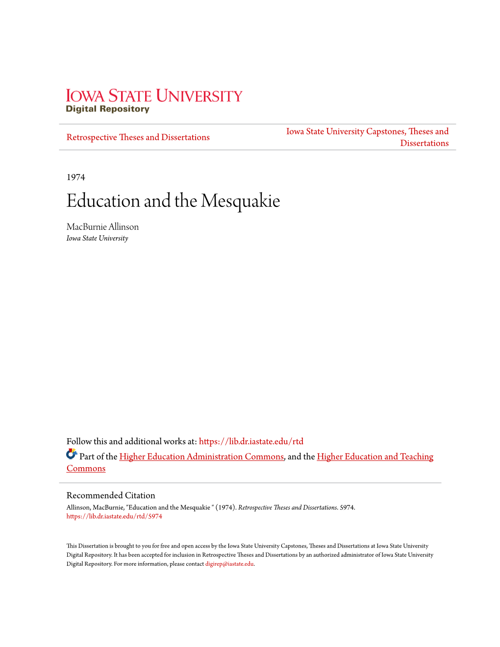 Education and the Mesquakie Macburnie Allinson Iowa State University