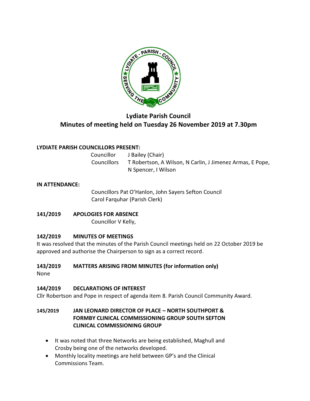 Lydiate Parish Council Minutes of Meeting Held on Tuesday 26 November 2019 at 7.30Pm