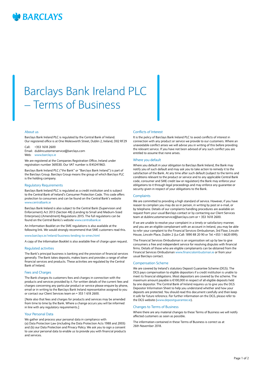 Barclays Bank Ireland PLC – Terms of Business