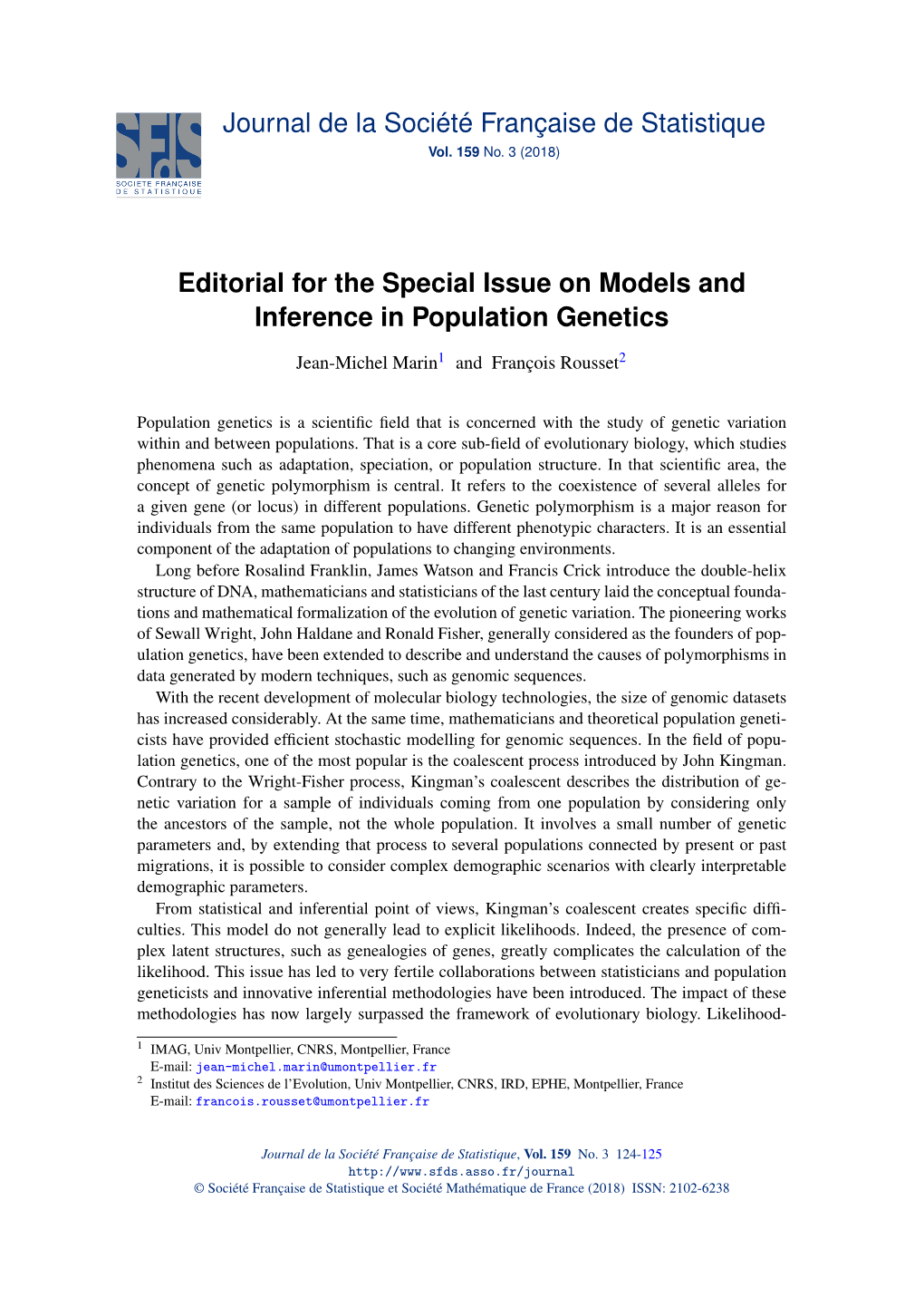 Editorial for the Special Issue on Models and Inference in Population Genetics