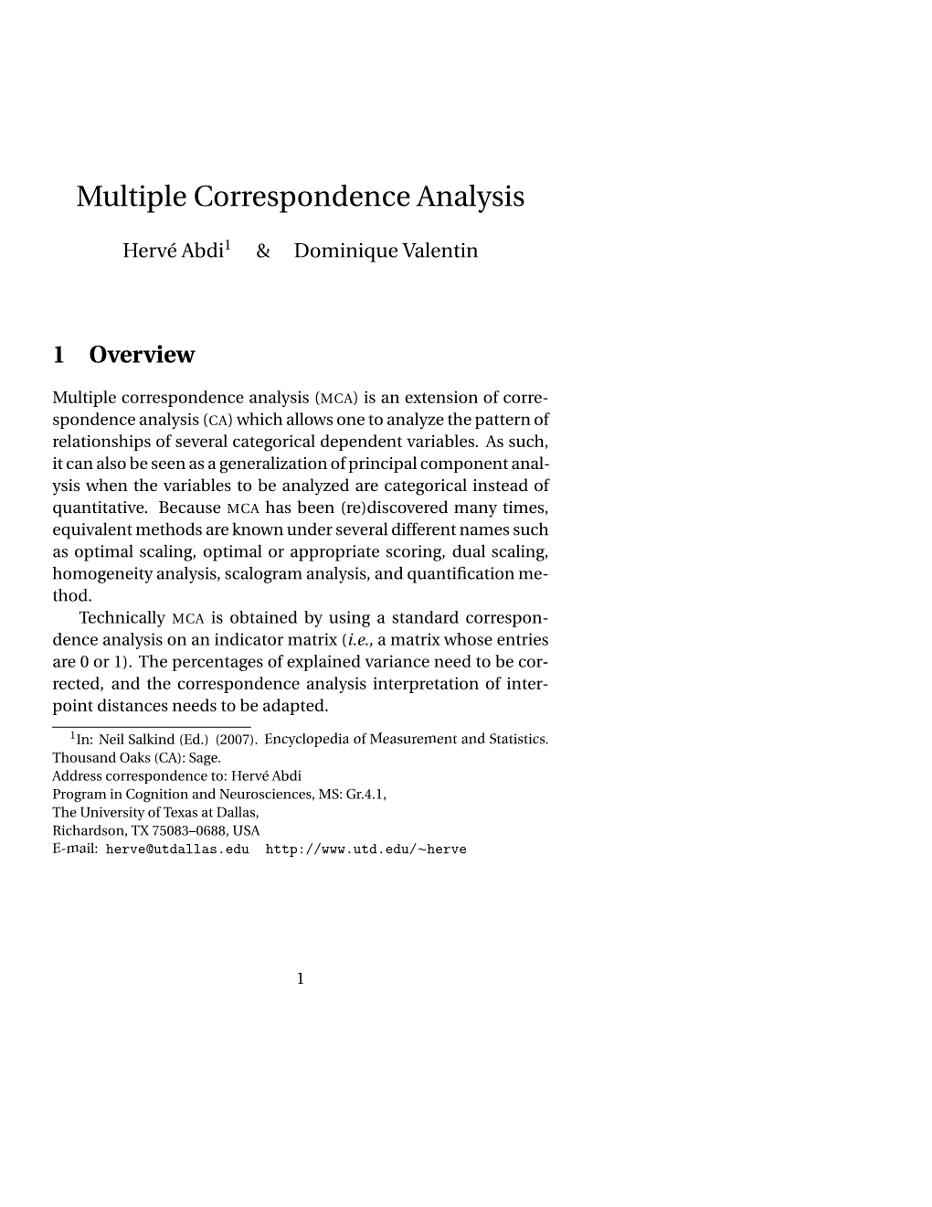 Multiple Correspondence Analysis