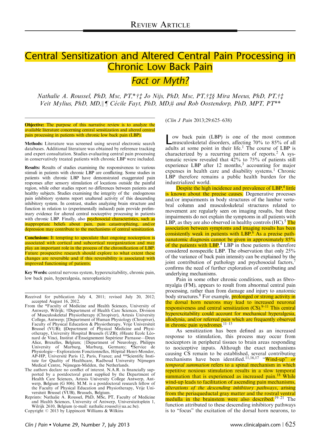 Central Sensitization in Low Back Pain