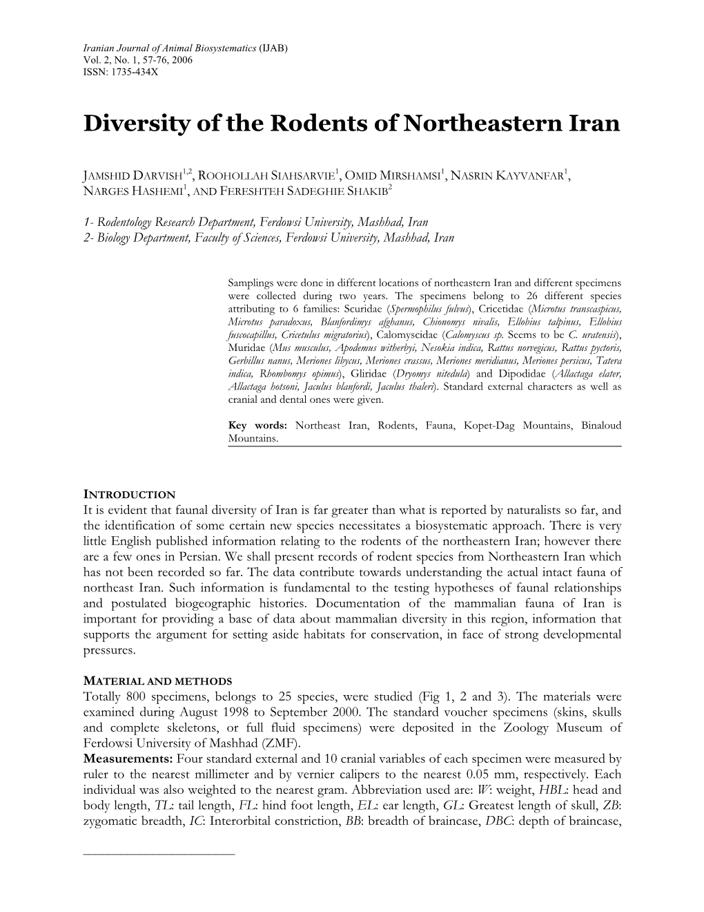 Diversity of the Rodents of Northeastern Iran