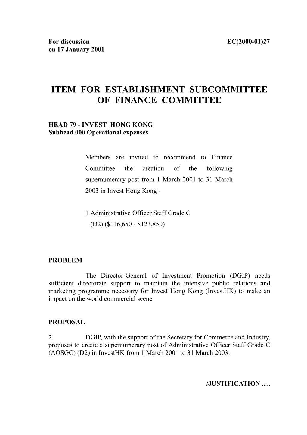 Item for Establishment Subcommittee of Finance Committee