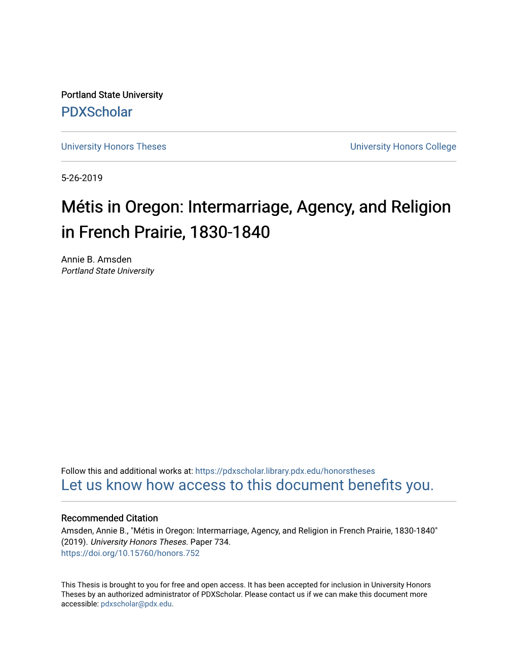 Métis in Oregon: Intermarriage, Agency, and Religion in French Prairie, 1830-1840