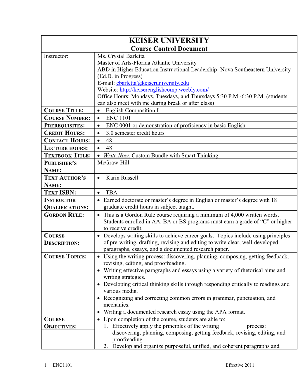 KEISER UNIVERSITY Course Control Document s1