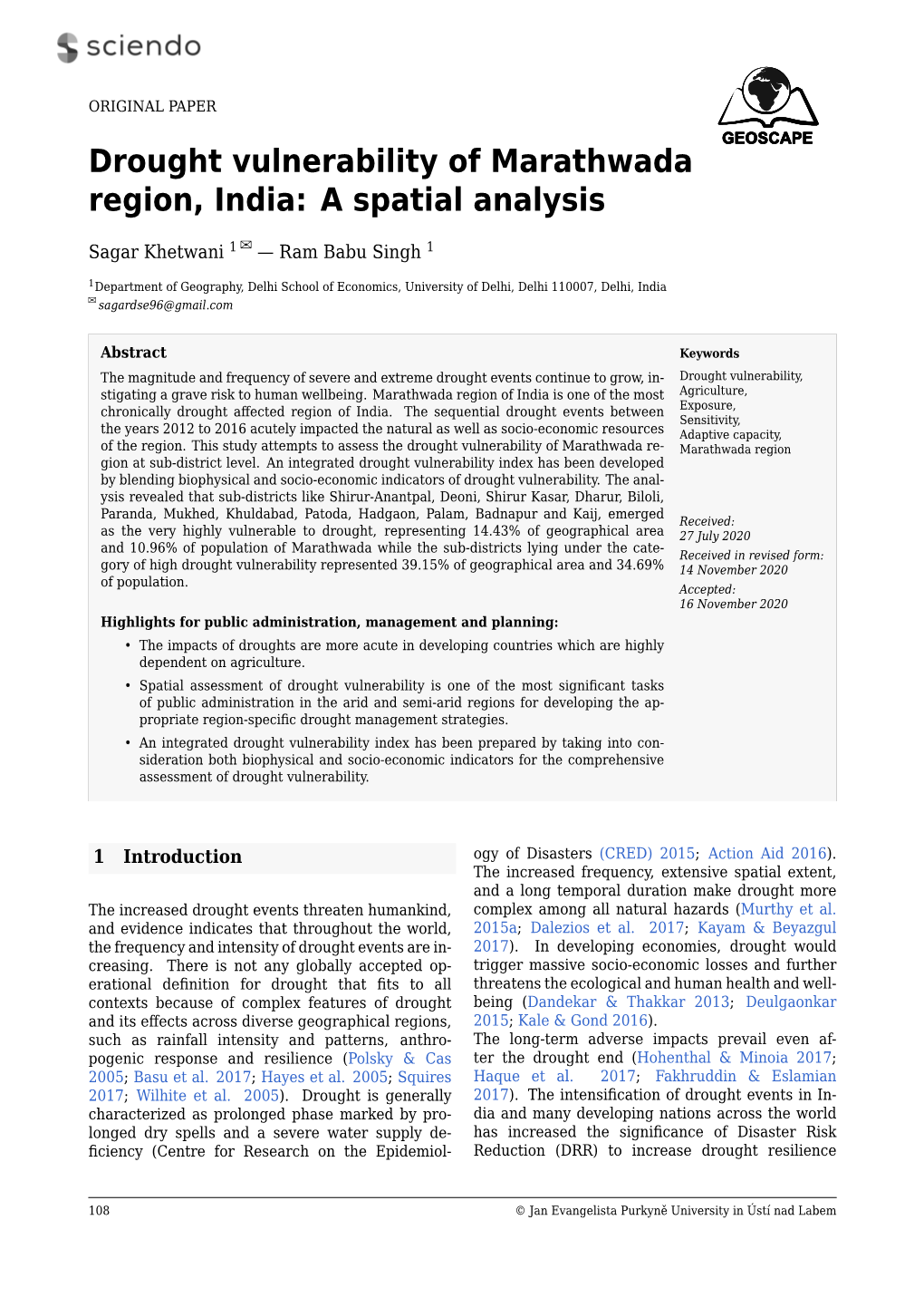 Drought Vulnerability of Marathwada Region, India: a Spatial Analysis