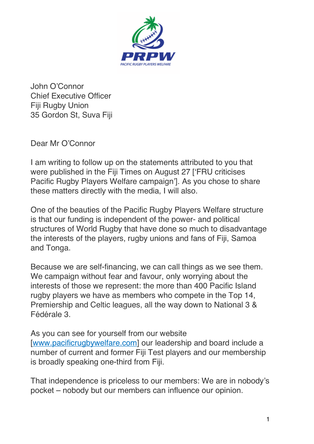 John O'connor Chief Executive Officer Fiji Rugby Union 35 Gordon St
