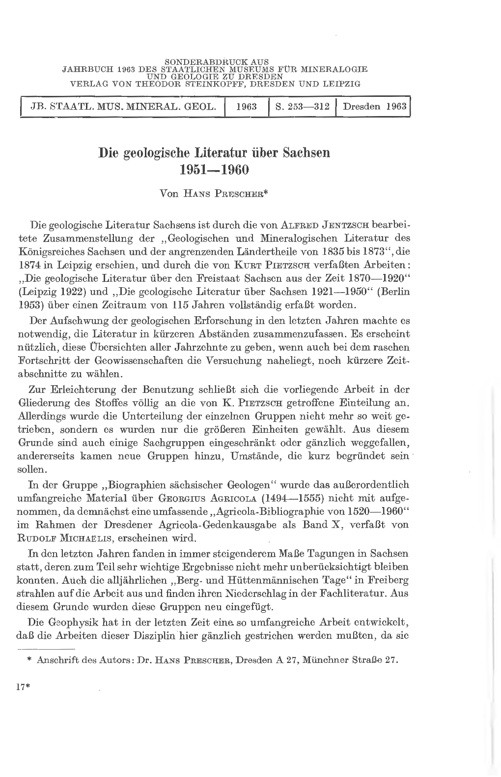 Die Geologische Literatm· Über Sachsen 1951-1960