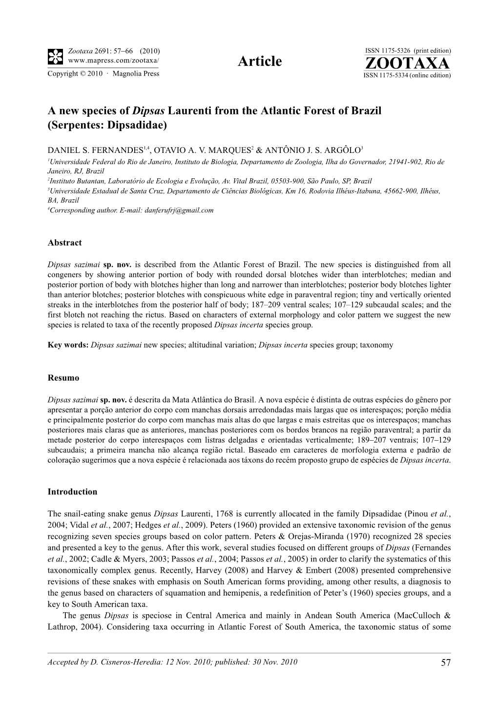 A New Species of Dipsas Laurenti from the Atlantic Forest of Brazil (Serpentes: Dipsadidae)